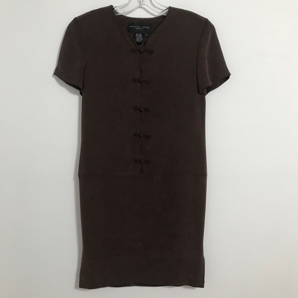 August Silk Brown Dress with Toggle Closures in 100% Silk